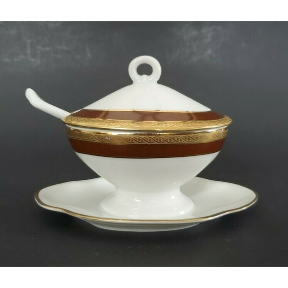 Richard Ginori Palmero Brown China Mustard Pot Tureen with Underplate & Spoon - Picture 6 of 12